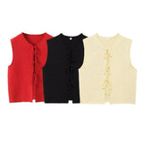 Autumn Women's Bow Tie With Loose V-Neck Sleeveless Knitted Vest