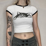 Zingj Summer New Spice Girl Street Fashion Strip Bump Color Cat Print Round Neck Crop