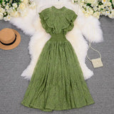 Zingj Retro Round Collar Lace Pressure Pleated Skirt Temperament Goddess Fan Xia New Style Waist Lotus Edge Show Thin