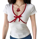 Zingj French Bow Patchwork Color Top Female Girl Slim Short V-Neck Short-Sleeved