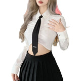 Zingj Autumn 2023 New Women's Solid Color Slim Collar Fashion Tie Crop Long Sleeve T-Shirt-Outfit