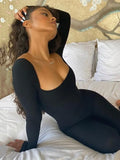 Women Ribbed Knit Yoga Jumpsuits Long Sleeve Square Neck Bodycon Jumpsuit One-Piece Workout Sports Outfits