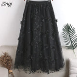 Flower Embroidery Tulle Midi Skirt Women Summer Elegant Elastic High Waist A-line Tutu Skirt Female Casual Pleated