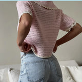Summer New Knitted Hollow Navy Round Five-Sleeve Polo Shirt Front Shoulder Women Short Loose
