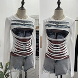 Real Shooting Design Y2k Vintage T-Shirt Prints Long-Sleeved T-Shirt Slimming Bottom Top