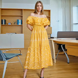 French Temperament High-End Dress 2025 Summer New Word Shoulder Lotus Leaf Side Waist Thin Dress Women