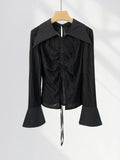 Zingj Earth Wind Unique Top Show Waist Short Black POLO Pointed Collar Draw Rope Horn Sleeve Shirt Forest Witch