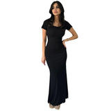 Zingj Summer New Women's Solid Color Temperament U Collar Short Sleeve Slim Long Dress