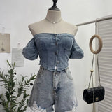 Real Shot Shoulder Bubble Short Sleeves Denim Shirt Design Hot Girl Collar Small Short Top