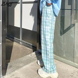 Pants Women Cute Japanese Sweet Lovely Kawaii High-waist Pink Elastic Straight Plaid Ins Loose Spring Autumn