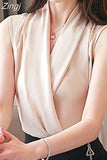 Silk Blouse Women's Summer Woman Sleeveless Satin Blouses Shirt V-neck OL Blouses Solid Vest Ladies Tops Camisas