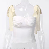 Spaghetti Strap Slash Neck Chiffon Camisole Women Sleevesless Casual Camisole Ruffles Backless BOW Bandage Crop