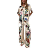 2025 Women's Fashion Print Collar Single Row Buckle Trousers Casual Fashion