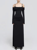 Temperament Dress Women 2025 Spring New Fashion Simple Style Solid Color Square Body Of High-End Feeling Long-Sleeved