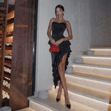 Black Asymmetrical Ruffled Midi Dress- Outfit