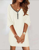 Explosion Autumn And Winter Simple Solid Color V-Neck Knitted Long-Sleeved Dress Women's