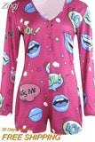 Women V-neck Bodycon Sleepwear Jumpsuit Bodysuit Shorts Romper Bodysuit Leotard Long Sleeve Lips Print Button