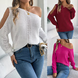 Shooting 2025 Autumn And Winter Casual Pure Color Hollow Shoulder Long-Sleeved Cover Sweater Women's