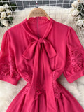 Rose Red/White Lace Hollow Out Party Long Dress Elegant Bow Collar Puff Short Sleeve High Waist A-Line Maxi Vestidos