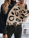 And Winter New Sweater Women Feel Shoulder Leopard Splicing High-Neck Knitting Shirt