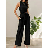 Summer Knitting Casual Suit Sleeveless Round Collar Short Repair Body Broad Leg Pants Two