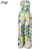 Summer Women Elegant Sexy Leisure Jumpsuit Female V-Neck Vacation Casual Romper Crisscross Halter Tropical Print