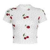 Zingj Casual Cherry Print Polka Dot Short-Sleeve T-Shirt Women's Round Collar Slim Slim