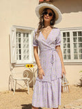 Print Women Summer Dress Chiffon Casual Elegant Split Short Sleeve V Neck Long Dress Boho Beach