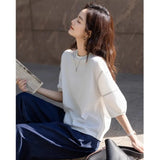 Seven-Sleeved T-Shirt Women 2025 Summer New Round-Necked Color Line Decorate Casual Lantern Sleeve