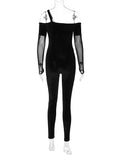 Velvet Patchwork Mesh Jumpsuits Women Long Sleeve Off Shoulder Sexy Slim One Piece Outfits Lady Attirewear