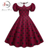 Short Sleeve Polka Dot Vintage Dress Women Summer Peter pan Collar Elegant A-line Midi Long Party Sundress Robe