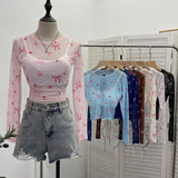 Real Shooting Bow Print Bare Back Net Yarn Sunscreen Long-Sleeved T-Shirt Hottie With Chest Pads Two Short Tops