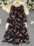 Autumn Women Printed Long Dress Vintage Puff Sleeve High Waist A-Line Casual Maxi Vestidos Vacation Beach Robe