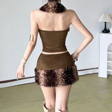 Vintage Leopard-Print Hairy Neck Short-Squeeze Wrapping + Low-Waisted Umbilly A-Skirt Suit Cold-Winded Hot Girl