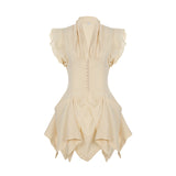 Retro V-Neck Solid Color Temperament Collar Collar Buckle Design Irregularly Lowers The Waist Tie With Flying Sleeve