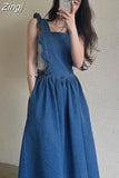 Retro Fashion Korea New Ruffle Women Sleeveless Denim Dress Ladies Womens Vest Dresses Casual Cotton Blue Long