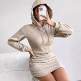 Sexy Wind Breeze Drawstring Design Hooded Bag Long-Sleeved Dress