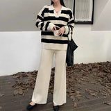 Vintage Lazy Wind High-End Softy Loose Stripe Collar Fashion Knitting Suit