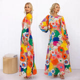 Zingj Autumn And Winter New Fashion Print Round Collar Lantern Sleeve Long Style Accept Waist