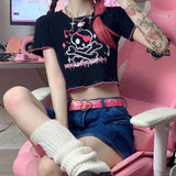 Zingj Top Female 2024 Summer Hot Girls Ins Harajuku Dark Cartoon Print Round Collar Short Sleeve Crop T-Shirt
