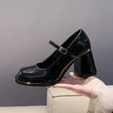 Mary Jane Shoes Women 2025 New One-Word Retro Black Small Leather Shoes Square Paint Leather Fashion Single