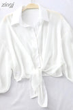 2023 Summer Half Sleeve Buttoned Up Shirt Loose Casual Blouse Chiffon Shirts Women Tied Waist Elegant Blouses for