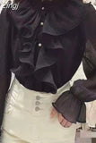 Spring Ruffle Stitching Palace Blouse Women Long Flare Sleeve Buttons Ruched Loose Top New Stand Collar Chiffon Shirt