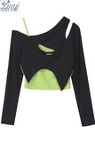 Crop Tops Women New Fake Two-piece Sexy Off Shoulder Irregular T-shirt Female Streetwear Vintage Long Sleeve Y2K Gothic