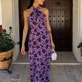 Summer New Women's Clothing Hanging Neck-Opened Shoulder Print Behind The Open Dress