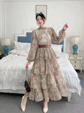 Collar Mesh Long-Sleeved Lotus Leaf-Side Print Waist-Ponded Tidal Dress Women's Spring And Autumn Lantern Cuff Cake