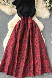 Autumn Women Red/Gold Floral Printed Patchwork Long Dress Vintage Stand Collar Sleeveless High Waist A-Line Vestidos