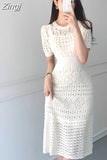 Chic Korean Temperament Slim Sexy Hollow Out Dresses O Neck Short Sleeve Wrap Hip Knitted Dress White Lady Summer