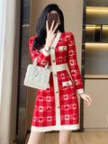 V-Neck Long Sleeves Wedding Maxi Dresses for Women Party Plaid Knitting Bodycon Dress Red Clothing Winter 2023