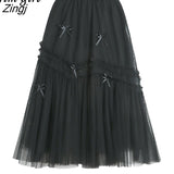 Bow Pink Long Tulle Skirt Women Korean Fashion ELastic High Waist A-Line Tutu Maxi Skirt Elegant Female Faldas Jupe